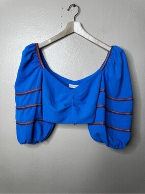 LORE Shirt Women’s P Blue Puff Sleeve Crop Top Embroidered Boho Cottagecore